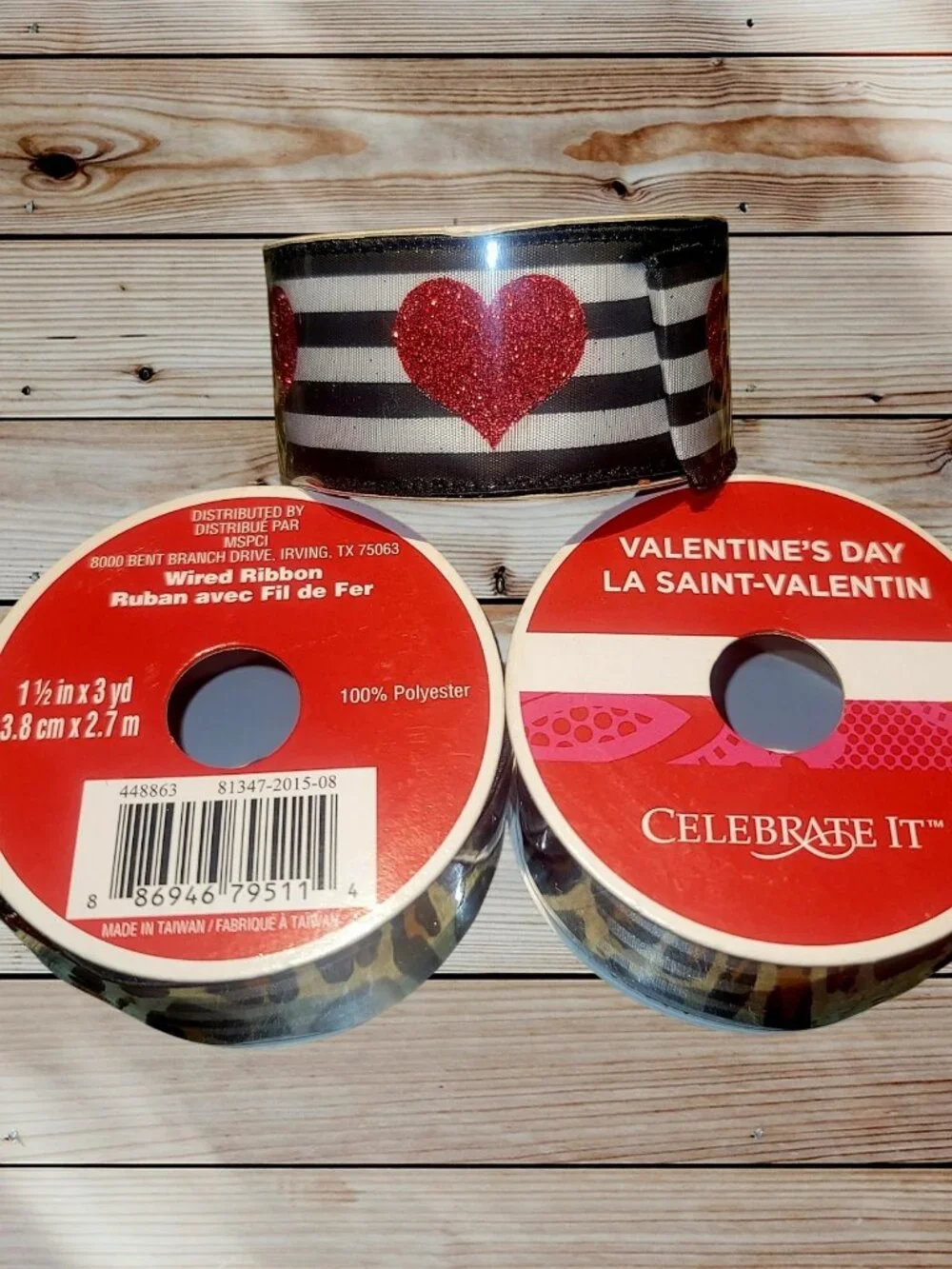 9 Yards / 27 Feet Valentine Glitter Red Hearts Black White Striped Wired Ribbon